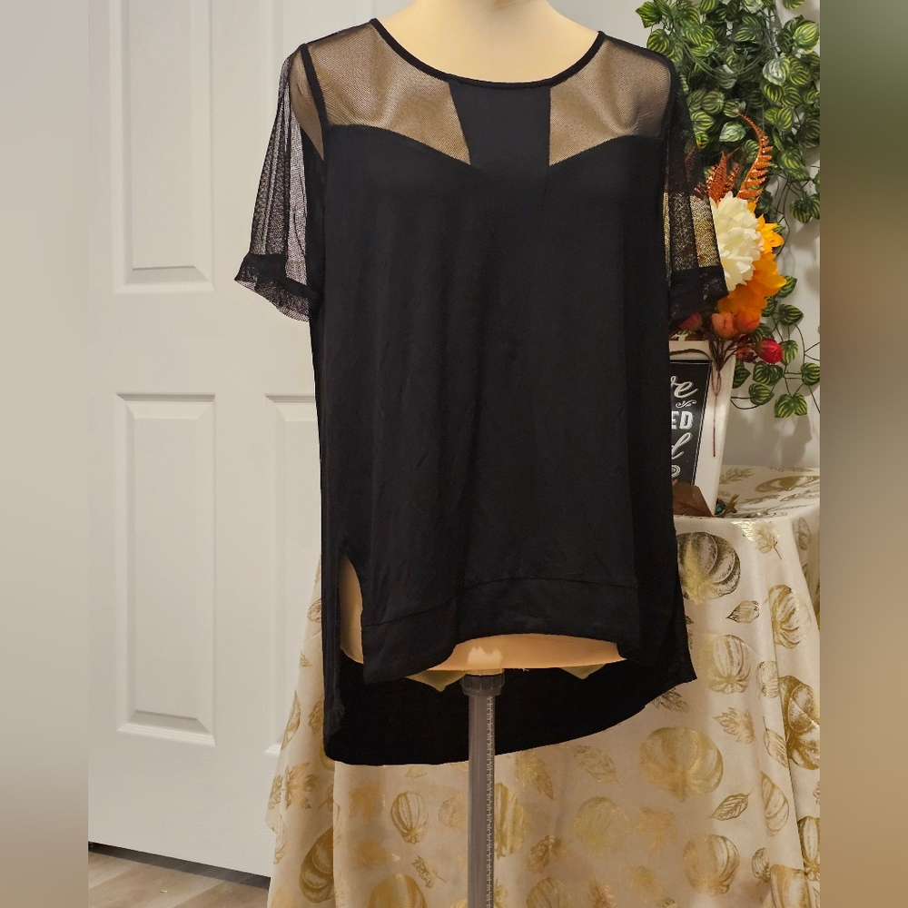 Fate Black Sheer Mesh Short Sleeve Women's Blouse Sz L